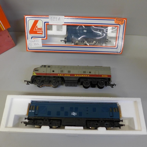 688A - A Hornby Railways R326 diesel locomotive, Tri-ang R55 B-B diesel locomotive and Lima 205107 MWG, all... 