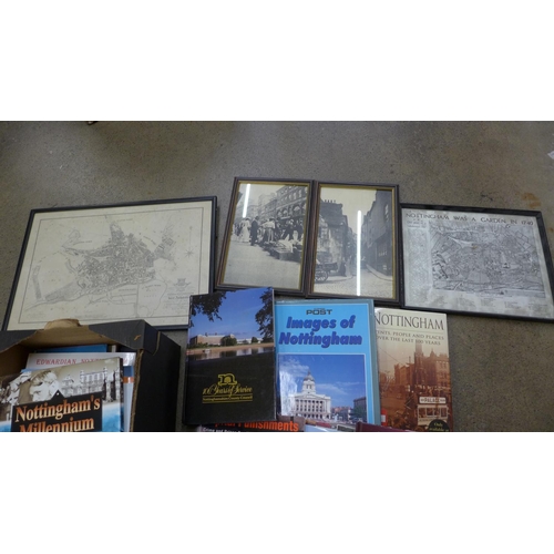 701 - A collection of Nottingham related books, a framed map of Nottingham and two framed photographs of o... 