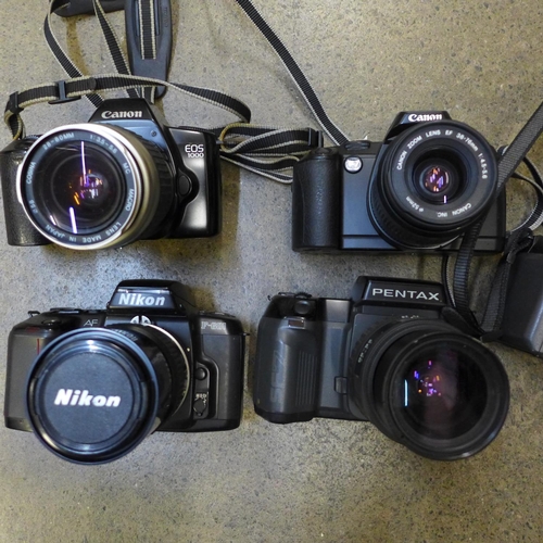 714 - Five 35mm cameras and lenses, Canon EOS 1000, EOS 5000, Pentax SFXN and SF7 and Nikon F-601