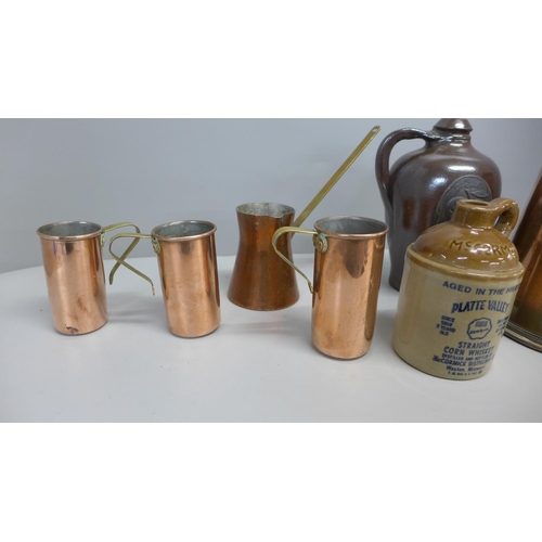 734 - Copper and stone drinking vessels