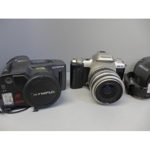 737 - Five 35mm cameras and lenses, Olympus AZ-300 Super Zoom, (x2), Pentax MZ-50, Canon EOS300 and Minolt... 