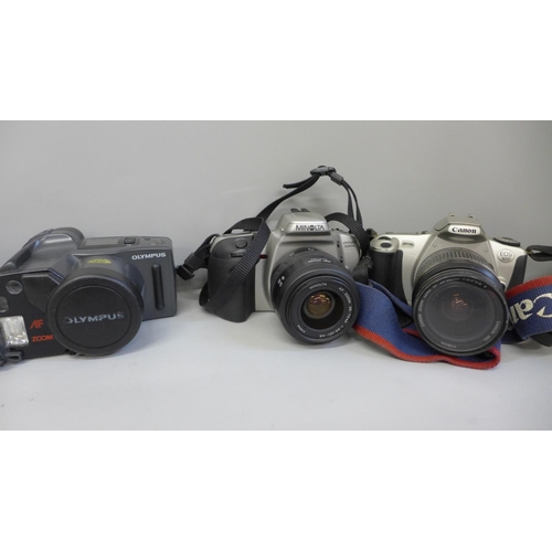 737 - Five 35mm cameras and lenses, Olympus AZ-300 Super Zoom, (x2), Pentax MZ-50, Canon EOS300 and Minolt... 