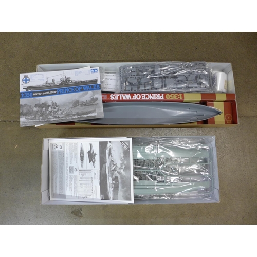 740A - Two 1/350 model ship kits of HMS Prince of Wales and HMS Warspite, Academy and Tamiya, boxed