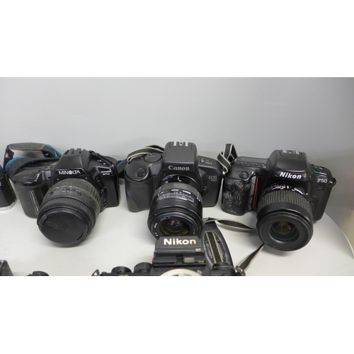 742 - Four 35mm camera bodies, Nikkormat, Nikon F3, Minolta XG2 and X300and four 35mm cameras, Nikon F50 C... 