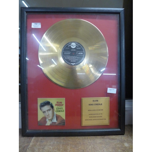 752 - An Elvis Presley King Creole limited edition gold disc, with certificate of authenticity, limited to... 