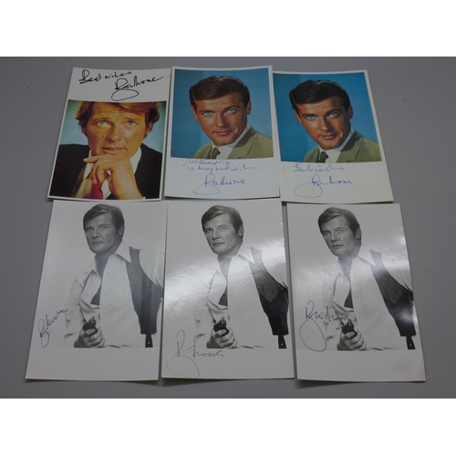 777A - Roger Moore: six small publicity photos, posed as James Bond, The Saint and one other, all signed