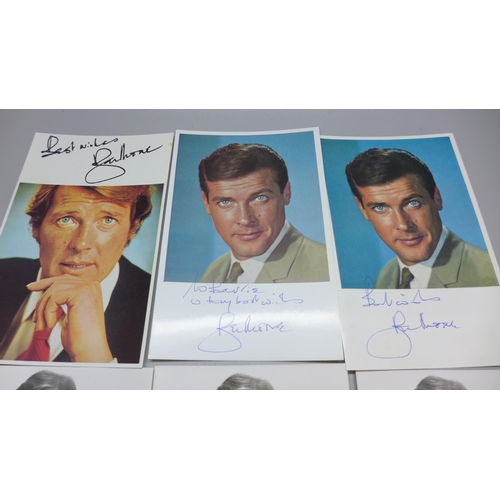 777A - Roger Moore: six small publicity photos, posed as James Bond, The Saint and one other, all signed