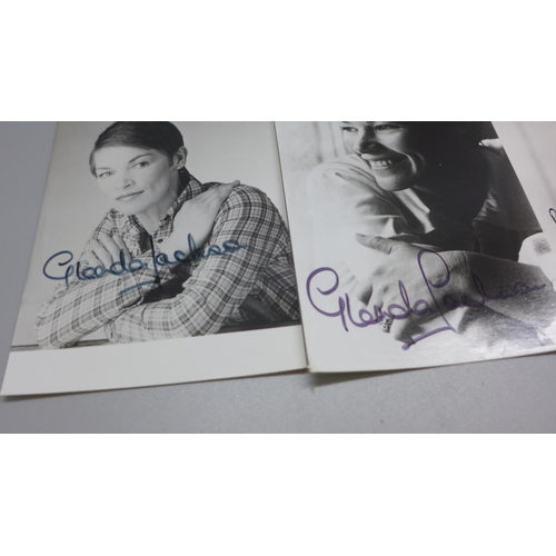 794 - Glenda Jackson: three black and white publicity photos, all in black pen, each with covering signed ... 