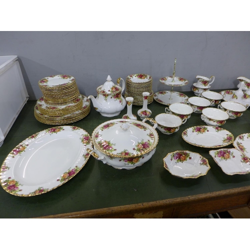 803 - A Royal Albert Old Country Roses dinner service, complete, one plate a/f. Also two rose-pattern bell... 