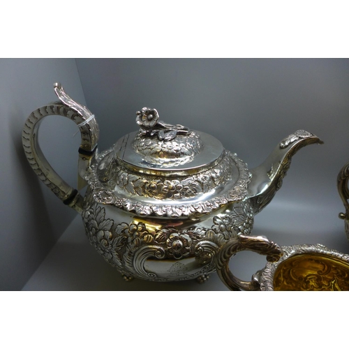 839 - A George IV Dublin silver three piece tea service, maker James Scott, teapot 1823, sugar and cream j... 