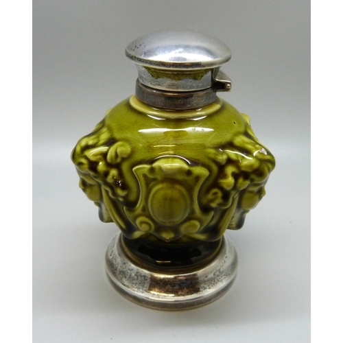 893 - A Linthorpe inkwell with silver base and mount, Birmingham 1975, LJ Millington