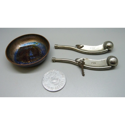 945 - A Bjorn Engo, Norway calendar, two bosun's whistles and an enamelled copper dish