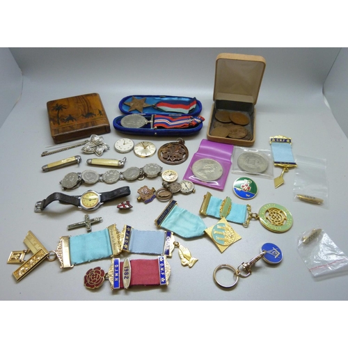 951 - Assorted medals, coins, brooches, etc.