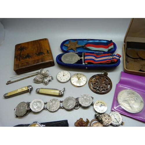 951 - Assorted medals, coins, brooches, etc.