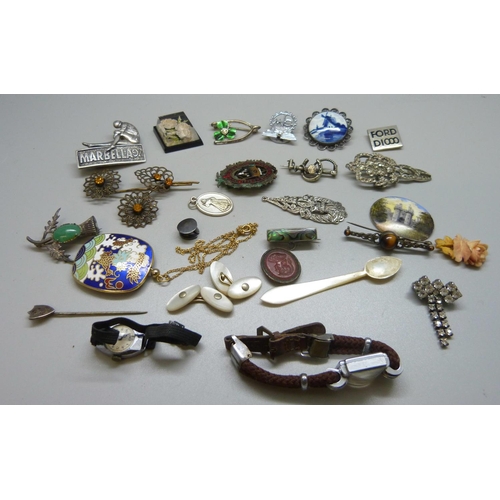 954 - Assorted badges, brooches, wristwatch, etc.