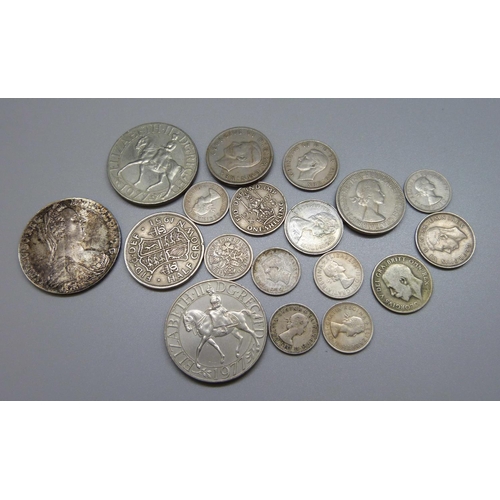 987 - A collection of coins including a silver Thaler 28.1g