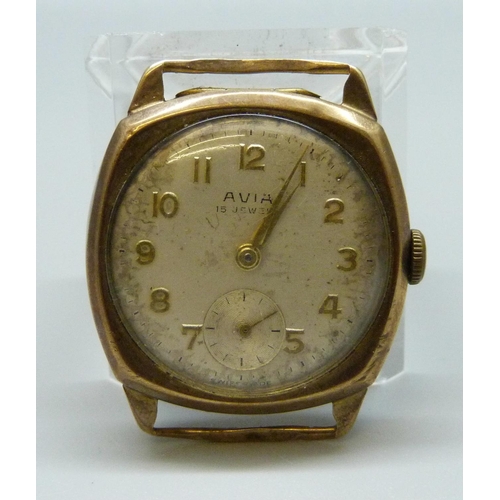 996 - A 9ct gold Avia cushion case wristwatch head