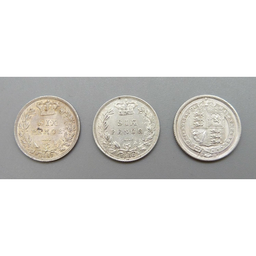 997 - Three sixpence coins, 1886 and two 1887, (1887 young and veiled)