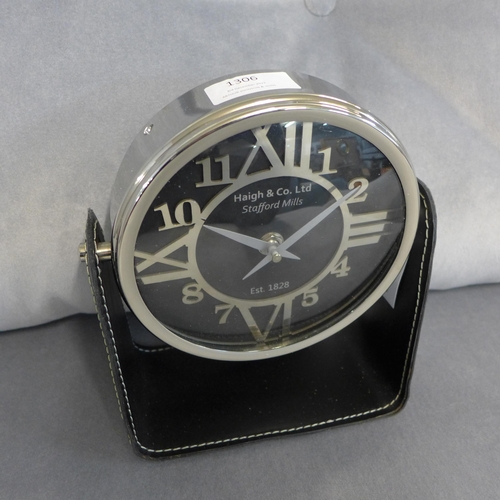 1306 - A black leather and nickel mantel clock (7522331)   #