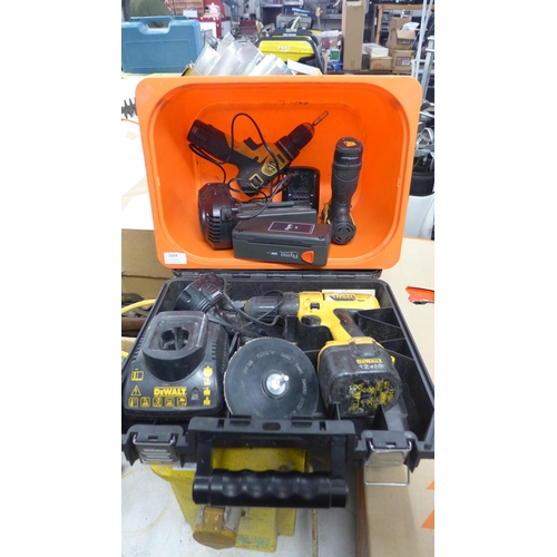 2004 - DeWalt cordless drill, 12v battery and charger, DeWalt impact driver battery and charger plus qty. o... 