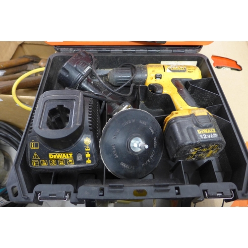 2004 - DeWalt cordless drill, 12v battery and charger, DeWalt impact driver battery and charger plus qty. o... 