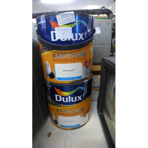 2011 - Two 2.5lt tins of Dulux Easycare Fine Cream interior paint, unused