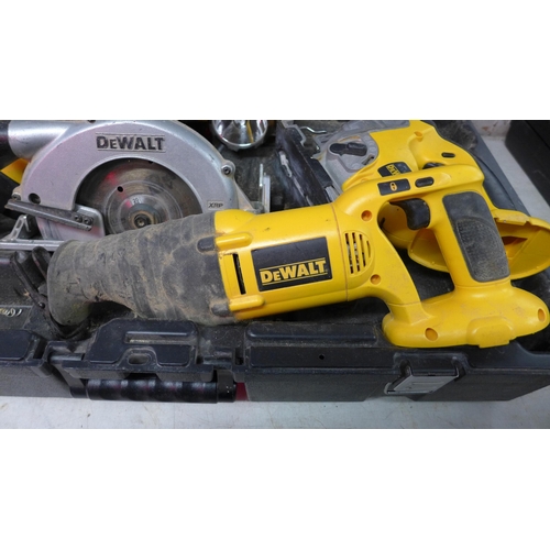 2033 - DeWalt drill, circular saw, reciprocating saw and jigsaw - all cordless and 2 batteries in case