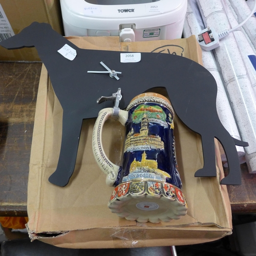 2058 - Okctoberfest Stein goblet, wagging tail dog silhouette clock - W