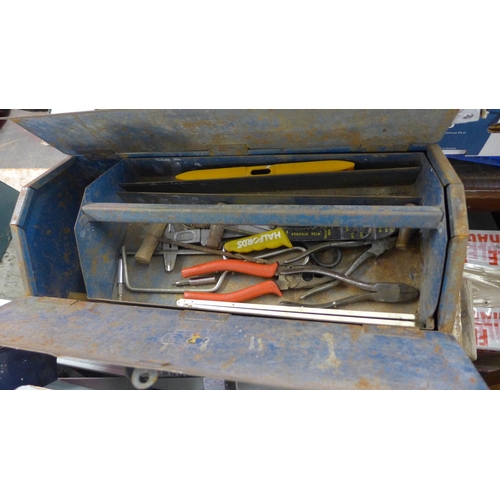 2114 - Two metal cantilever tool boxes, Wickes mitre saw & decorating tools