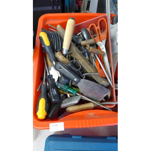 2160 - Red tub of hand tools, scissors, screwdrivers, Allen keys, hammer, etc.