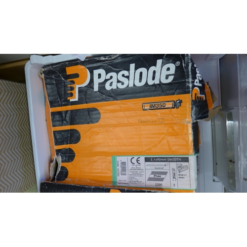 2164 - 3 Boxes of Paslode C nails, 3.1 x 80mm, 2.8 x 51mm, 3.1 x 90mm and open box of mixed nails and 2 spi... 