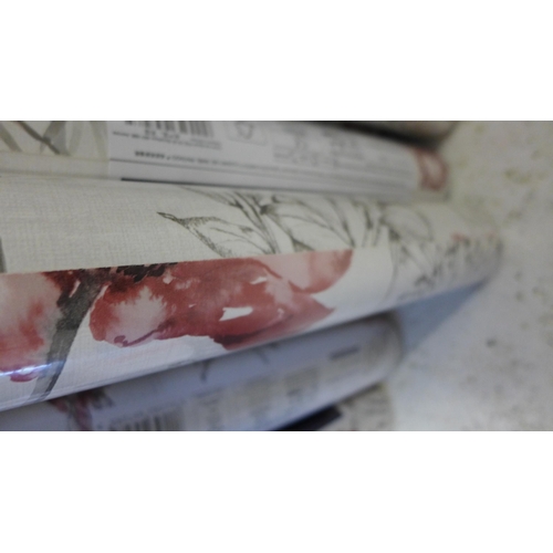 2170 - 12 Rolls of Graham and Brown red-grey floral sketch wallpaper, all sealed and same batch, (£23/roll ... 