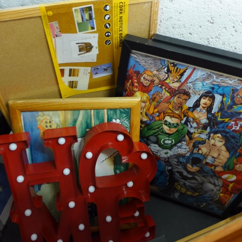 2276 - Qty. of pictures & wall art: Home sign, lap desk, mirrors, Avengers/Marvel pictures