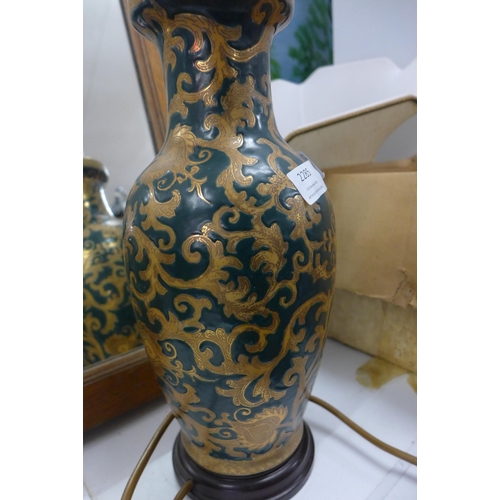 2285 - Pair of green and gold table lamps