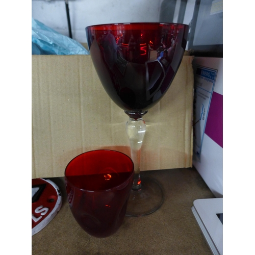 2999 - 6 Cranberry tint glass drinking glasses with qty. of other cranberry glass