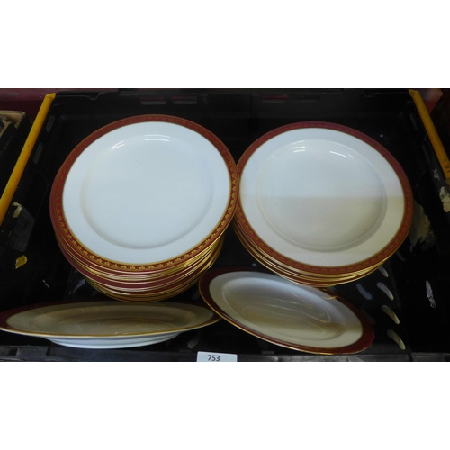 1258 - 19th Century Crown Derby plates and soup bowls, date marks for 1889, one plate with rivet repair (30... 