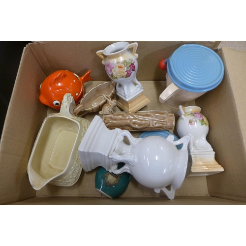 1251 - A box of decorative plates including Clarice Cliff, Wedgwood and a box of mixed china, Toby jug, Cot... 