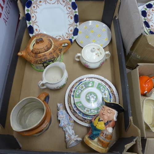 1251 - A box of decorative plates including Clarice Cliff, Wedgwood and a box of mixed china, Toby jug, Cot... 