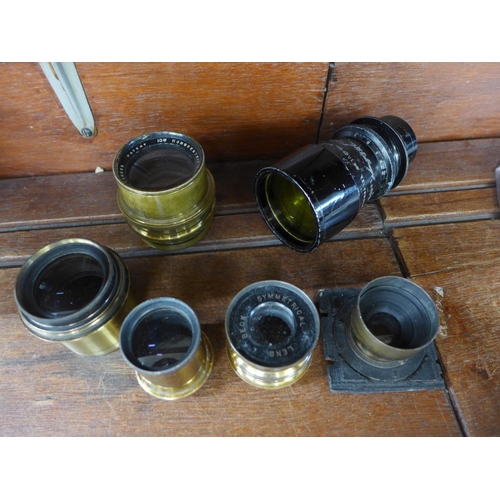 630 - Six antique camera lenses, four brass and two others, includes Ross 8½ x 6½ Rapid Symmetrical, No. 2... 