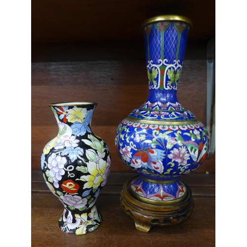 631 - A cloisonne vase on stand and a painted enamel vase