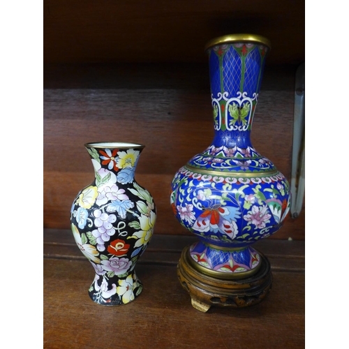 631 - A cloisonne vase on stand and a painted enamel vase