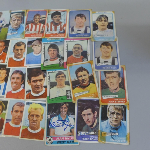 657 - Thirty-five signed 1960's football cards and Panini stickers, including Peters, Lee, Bell, etc.