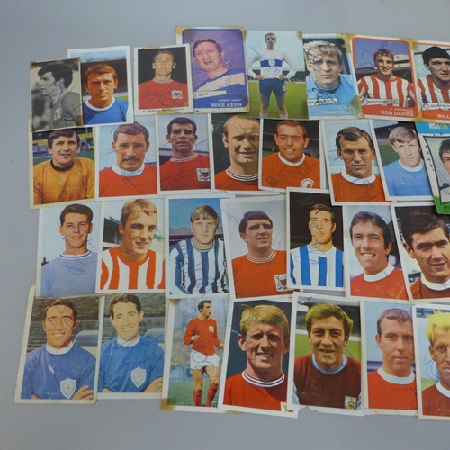 657 - Thirty-five signed 1960's football cards and Panini stickers, including Peters, Lee, Bell, etc.