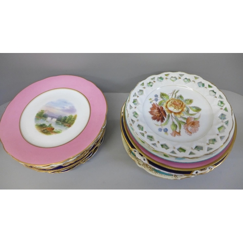 678 - A collection of 19th Century and later cabinet plates including hand painted with bouquets of flower... 