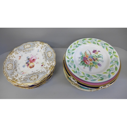 678 - A collection of 19th Century and later cabinet plates including hand painted with bouquets of flower... 