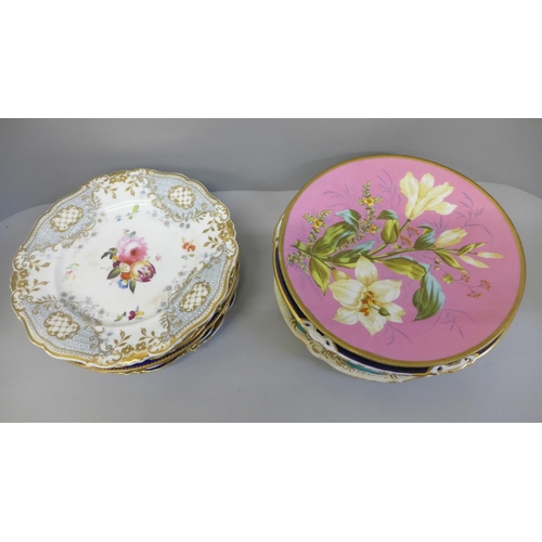 678 - A collection of 19th Century and later cabinet plates including hand painted with bouquets of flower... 