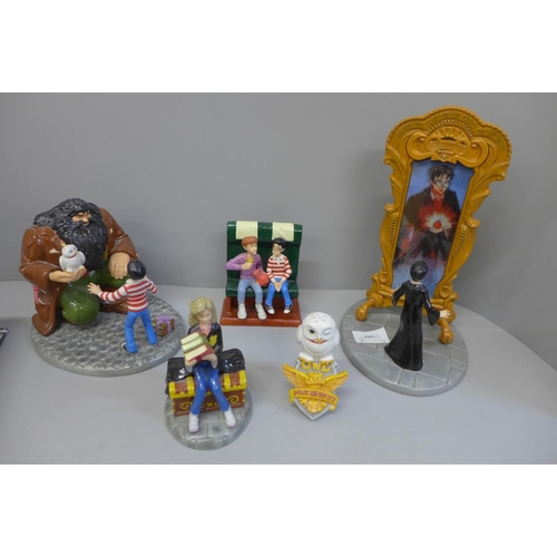 694 - Five Royal Doulton figures, Harry Potter related and a first edition Harry Potter novel