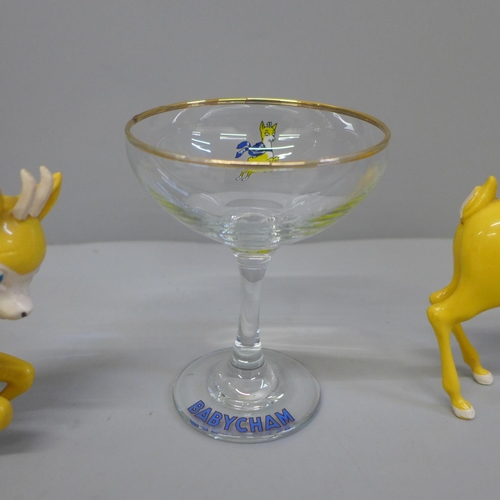 705 - A Cherry B ice bucket, two Babycham characters and a glass