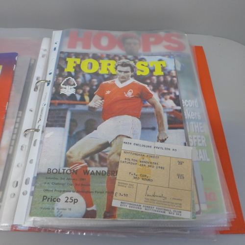 706 - Football memorabilia; Nottingham Forest home and away programmes complete with match tickets, includ... 