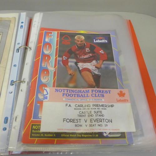 706 - Football memorabilia; Nottingham Forest home and away programmes complete with match tickets, includ... 